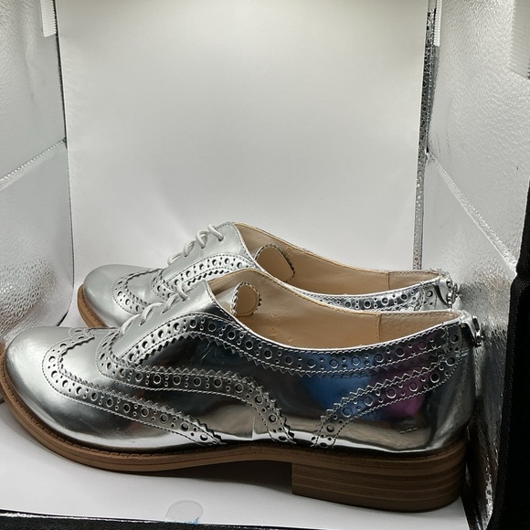 Women’s Sam Edelman Jerome Silver Leather Wingtip Brogue Oxford Shoes Size 7 - Picture 1 of 5